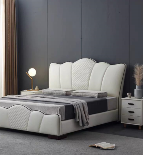 Milky White Microfiber Leather Platform Bed with Curved Headboard, Cal King